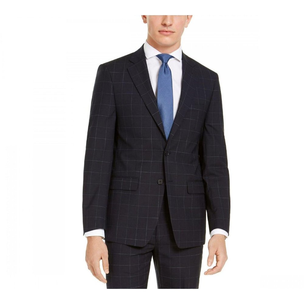 NWT Stretch Wool Suit Jacket 44L Blue Windowpane